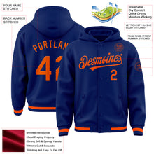 Load image into Gallery viewer, Custom Royal Orange Bomber Full-Snap Varsity Letterman Hoodie Jacket