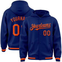 Load image into Gallery viewer, Custom Royal Orange Bomber Full-Snap Varsity Letterman Hoodie Jacket