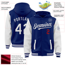 Load image into Gallery viewer, Custom Royal White-Red Bomber Full-Snap Varsity Letterman Two Tone Hoodie Jacket