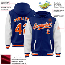 Load image into Gallery viewer, Custom Royal Orange-White Bomber Full-Snap Varsity Letterman Two Tone Hoodie Jacket