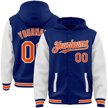 Load image into Gallery viewer, Custom Royal Orange-White Bomber Full-Snap Varsity Letterman Two Tone Hoodie Jacket