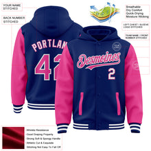 Load image into Gallery viewer, Custom Royal Pink-White Bomber Full-Snap Varsity Letterman Two Tone Hoodie Jacket
