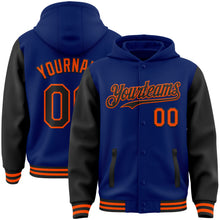 Load image into Gallery viewer, Custom Royal Black-Orange Bomber Full-Snap Varsity Letterman Two Tone Hoodie Jacket