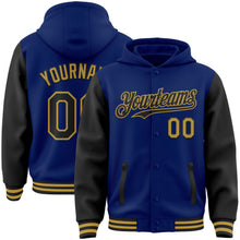 Load image into Gallery viewer, Custom Royal Black-Old Gold Bomber Full-Snap Varsity Letterman Two Tone Hoodie Jacket