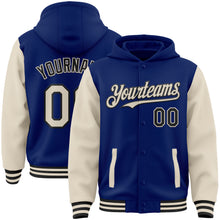 Load image into Gallery viewer, Custom Royal Cream-Black Bomber Full-Snap Varsity Letterman Two Tone Hoodie Jacket