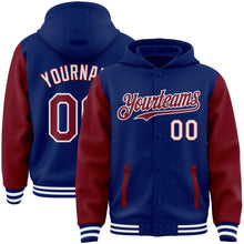 Load image into Gallery viewer, Custom Royal Crimson-White Bomber Full-Snap Varsity Letterman Two Tone Hoodie Jacket
