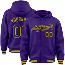 Load image into Gallery viewer, Custom Purple Black-Old Gold Bomber Full-Snap Varsity Letterman Hoodie Jacket