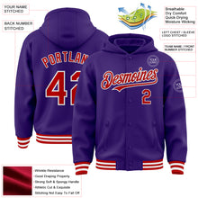 Load image into Gallery viewer, Custom Purple Red-White Bomber Full-Snap Varsity Letterman Hoodie Jacket