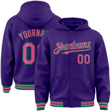Load image into Gallery viewer, Custom Purple Pink-Kelly Green Bomber Full-Snap Varsity Letterman Hoodie Jacket