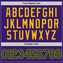 Load image into Gallery viewer, Custom Purple Green-Gold Bomber Full-Snap Varsity Letterman Hoodie Jacket