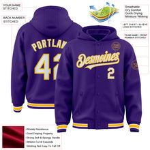 Load image into Gallery viewer, Custom Purple White-Gold Bomber Full-Snap Varsity Letterman Hoodie Jacket