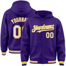 Load image into Gallery viewer, Custom Purple White-Gold Bomber Full-Snap Varsity Letterman Hoodie Jacket