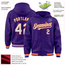 Load image into Gallery viewer, Custom Purple White-Orange Bomber Full-Snap Varsity Letterman Hoodie Jacket