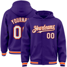 Load image into Gallery viewer, Custom Purple White-Orange Bomber Full-Snap Varsity Letterman Hoodie Jacket