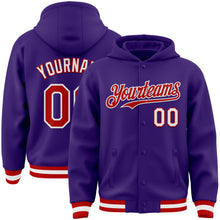 Load image into Gallery viewer, Custom Purple Red-White Bomber Full-Snap Varsity Letterman Hoodie Jacket
