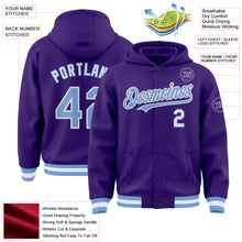 Load image into Gallery viewer, Custom Purple Light Blue-White Bomber Full-Snap Varsity Letterman Hoodie Jacket