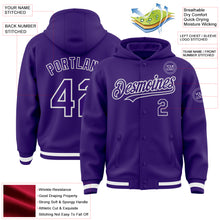 Load image into Gallery viewer, Custom Purple White Bomber Full-Snap Varsity Letterman Hoodie Jacket