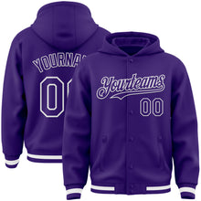 Load image into Gallery viewer, Custom Purple White Bomber Full-Snap Varsity Letterman Hoodie Jacket