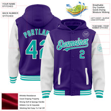 Load image into Gallery viewer, Custom Purple Aqua-White Bomber Full-Snap Varsity Letterman Two Tone Hoodie Jacket