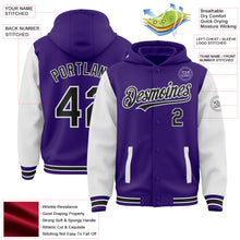 Load image into Gallery viewer, Custom Purple Black-White Bomber Full-Snap Varsity Letterman Two Tone Hoodie Jacket