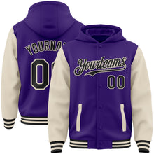 Load image into Gallery viewer, Custom Purple Black-Cream Bomber Full-Snap Varsity Letterman Two Tone Hoodie Jacket
