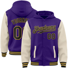Load image into Gallery viewer, Custom Purple Black Cream-Old Gold Bomber Full-Snap Varsity Letterman Two Tone Hoodie Jacket