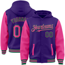 Load image into Gallery viewer, Custom Purple Pink-Kelly Green Bomber Full-Snap Varsity Letterman Two Tone Hoodie Jacket