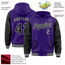Load image into Gallery viewer, Custom Purple Black-Gray Bomber Full-Snap Varsity Letterman Two Tone Hoodie Jacket