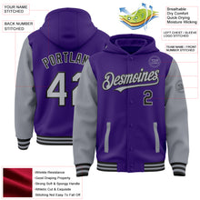 Load image into Gallery viewer, Custom Purple Gray-Black Bomber Full-Snap Varsity Letterman Two Tone Hoodie Jacket