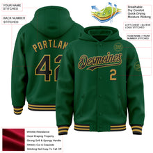 Load image into Gallery viewer, Custom Kelly Green Black-Old Gold Bomber Full-Snap Varsity Letterman Hoodie Jacket
