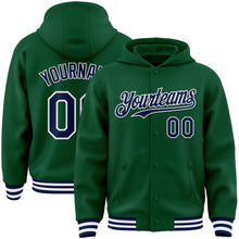 Load image into Gallery viewer, Custom Kelly Green Navy-White Bomber Full-Snap Varsity Letterman Hoodie Jacket