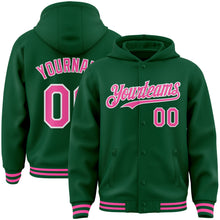 Load image into Gallery viewer, Custom Kelly Green Pink-White Bomber Full-Snap Varsity Letterman Hoodie Jacket