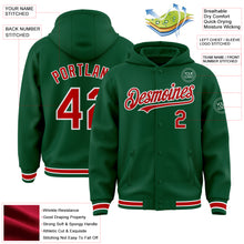 Load image into Gallery viewer, Custom Kelly Green Red-White Bomber Full-Snap Varsity Letterman Hoodie Jacket
