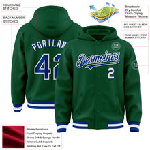 Load image into Gallery viewer, Custom Kelly Green Royal-White Bomber Full-Snap Varsity Letterman Hoodie Jacket