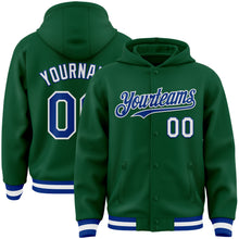 Load image into Gallery viewer, Custom Kelly Green Royal-White Bomber Full-Snap Varsity Letterman Hoodie Jacket