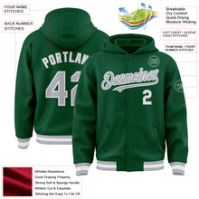 Load image into Gallery viewer, Custom Kelly Green Gray-White Bomber Full-Snap Varsity Letterman Hoodie Jacket