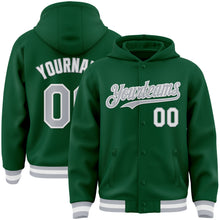 Load image into Gallery viewer, Custom Kelly Green Gray-White Bomber Full-Snap Varsity Letterman Hoodie Jacket