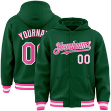 Load image into Gallery viewer, Custom Kelly Green Pink-White Bomber Full-Snap Varsity Letterman Hoodie Jacket