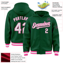 Load image into Gallery viewer, Custom Kelly Green White-Pink Bomber Full-Snap Varsity Letterman Hoodie Jacket