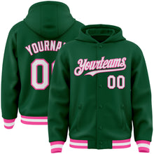 Load image into Gallery viewer, Custom Kelly Green White-Pink Bomber Full-Snap Varsity Letterman Hoodie Jacket