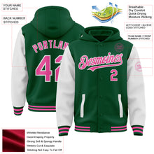 Load image into Gallery viewer, Custom Kelly Green Pink-White Bomber Full-Snap Varsity Letterman Two Tone Hoodie Jacket