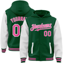 Load image into Gallery viewer, Custom Kelly Green Pink-White Bomber Full-Snap Varsity Letterman Two Tone Hoodie Jacket