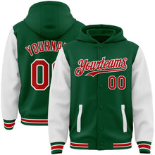 Load image into Gallery viewer, Custom Kelly Green Red-White Bomber Full-Snap Varsity Letterman Two Tone Hoodie Jacket