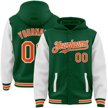 Load image into Gallery viewer, Custom Kelly Green Orange-White Bomber Full-Snap Varsity Letterman Two Tone Hoodie Jacket