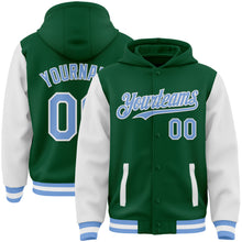 Load image into Gallery viewer, Custom Kelly Green Light Blue-White Bomber Full-Snap Varsity Letterman Two Tone Hoodie Jacket