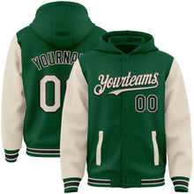 Load image into Gallery viewer, Custom Kelly Green Cream-Black Bomber Full-Snap Varsity Letterman Two Tone Hoodie Jacket