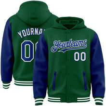 Load image into Gallery viewer, Custom Kelly Green Royal-White Bomber Full-Snap Varsity Letterman Two Tone Hoodie Jacket