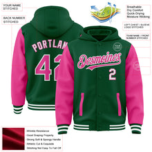 Load image into Gallery viewer, Custom Kelly Green Pink-White Bomber Full-Snap Varsity Letterman Two Tone Hoodie Jacket