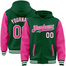Load image into Gallery viewer, Custom Kelly Green Pink-White Bomber Full-Snap Varsity Letterman Two Tone Hoodie Jacket