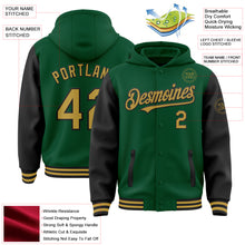 Load image into Gallery viewer, Custom Kelly Green Old Gold-Black Bomber Full-Snap Varsity Letterman Two Tone Hoodie Jacket